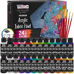 24 Color Set of Permanent Acrylic Fabric Paint in 2 Ounce Bottles, Plus 7 Brushes - Artists Textile for Clothes, Denim, Canvas, Jeans, T-Shirts, Shoes