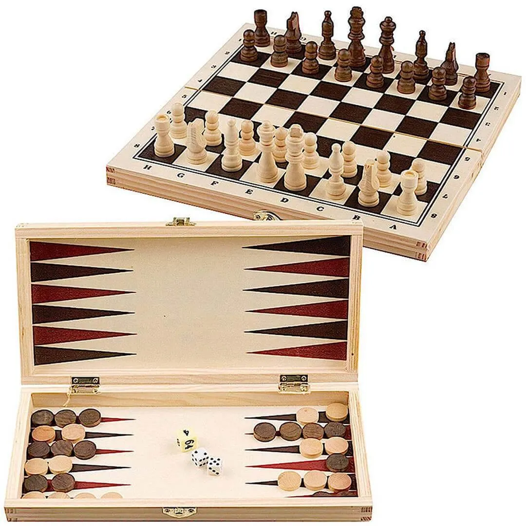 3 in 1 Wooden Compendium Board Game Set