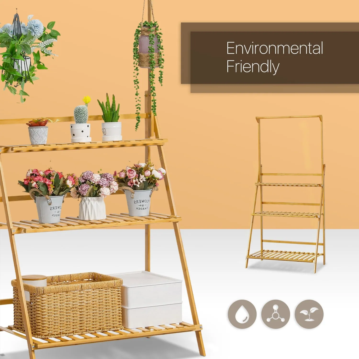 3-Layer Wood Plant Shelves With Hanging Rod