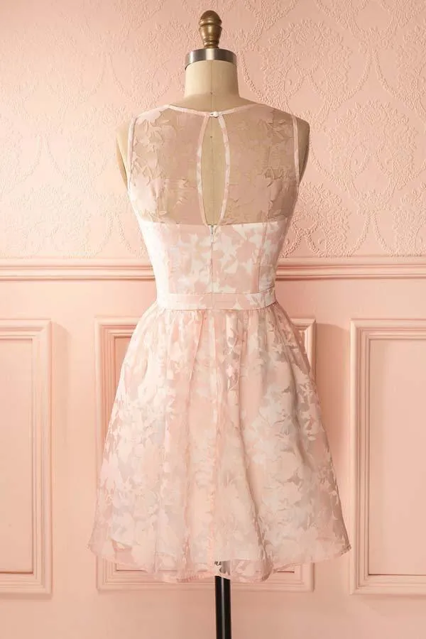 A-Line Crew Open Back Short Pearl Pink Lace Homecoming Dress PD145