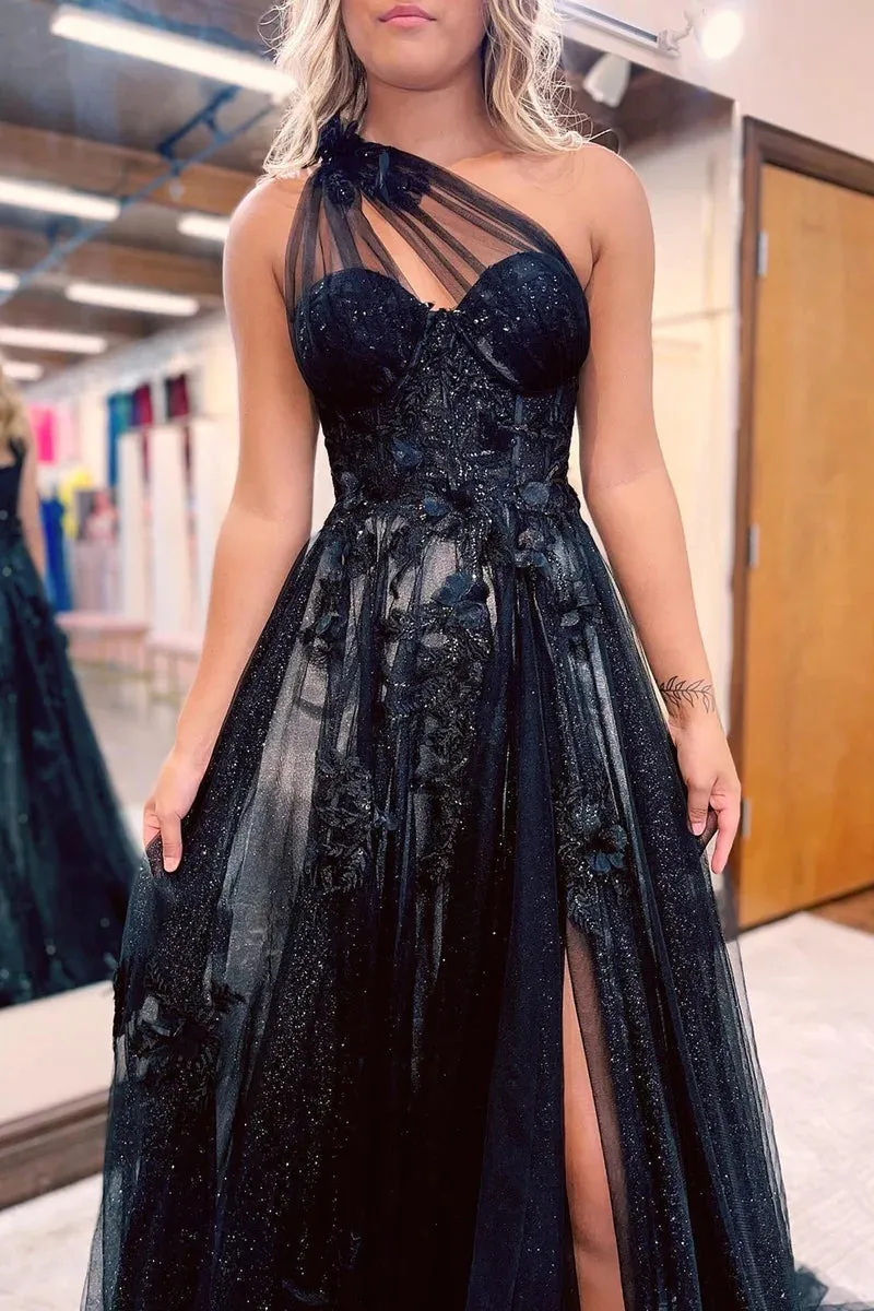 A-Line One Shoulder Black Long Prom Dress With 3D Appliques PSK444