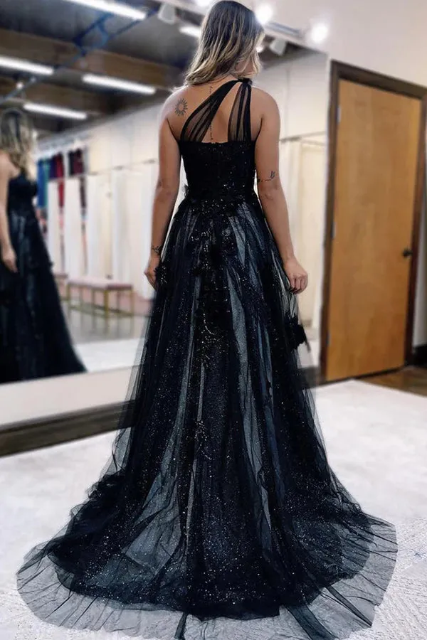 A-Line One Shoulder Black Long Prom Dress With 3D Appliques PSK444