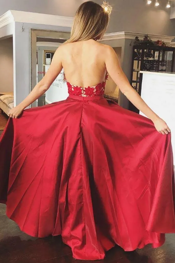 A-Line Red Satin V-neck Appliques Backless Long Prom Dress With Pocket  PG934