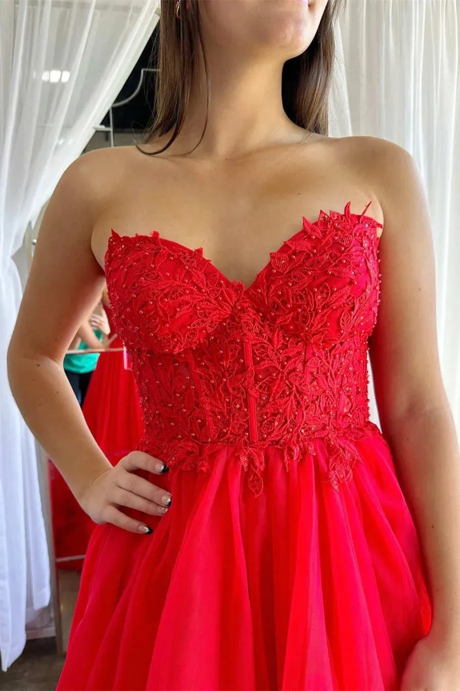 A-Line Red Sweetheart Corset Ruffle Prom Dress Formal Gown PSK493