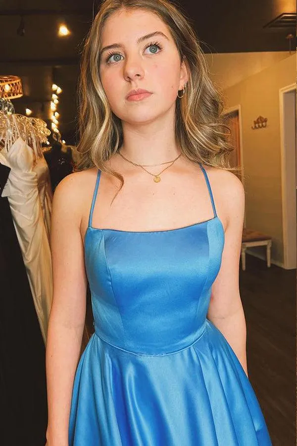 A Line Scoop Neck Spaghetti Straps Blue Satin Long Prom Dress With Slit PSK363