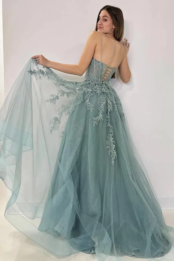 A-Line V Neck Tulle Lace Gray Green Long Prom Dress  PSK506