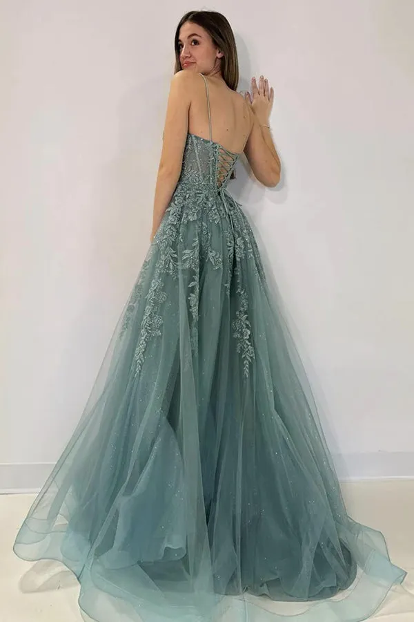 A-Line V Neck Tulle Lace Gray Green Long Prom Dress  PSK506