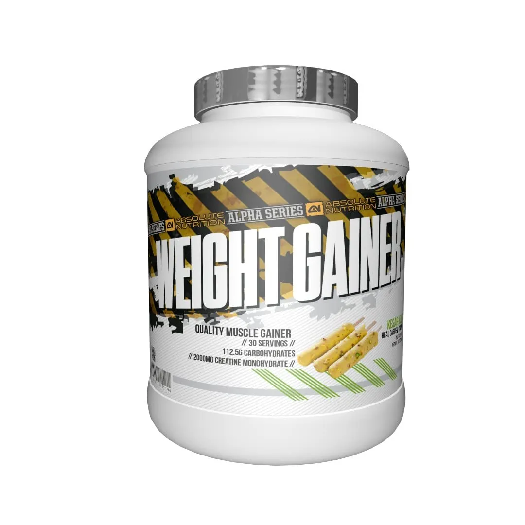 Absolute Nutrition’s Alpha Weight Gainer 3 KG (Kesar Kulfi), 112.5g Carbohyderates, Creatine Monohydrate, Muscle Gainer, 25 Vitamins & Minerals, Digestive Enzymes, For Men & Women, Free T-Shirt