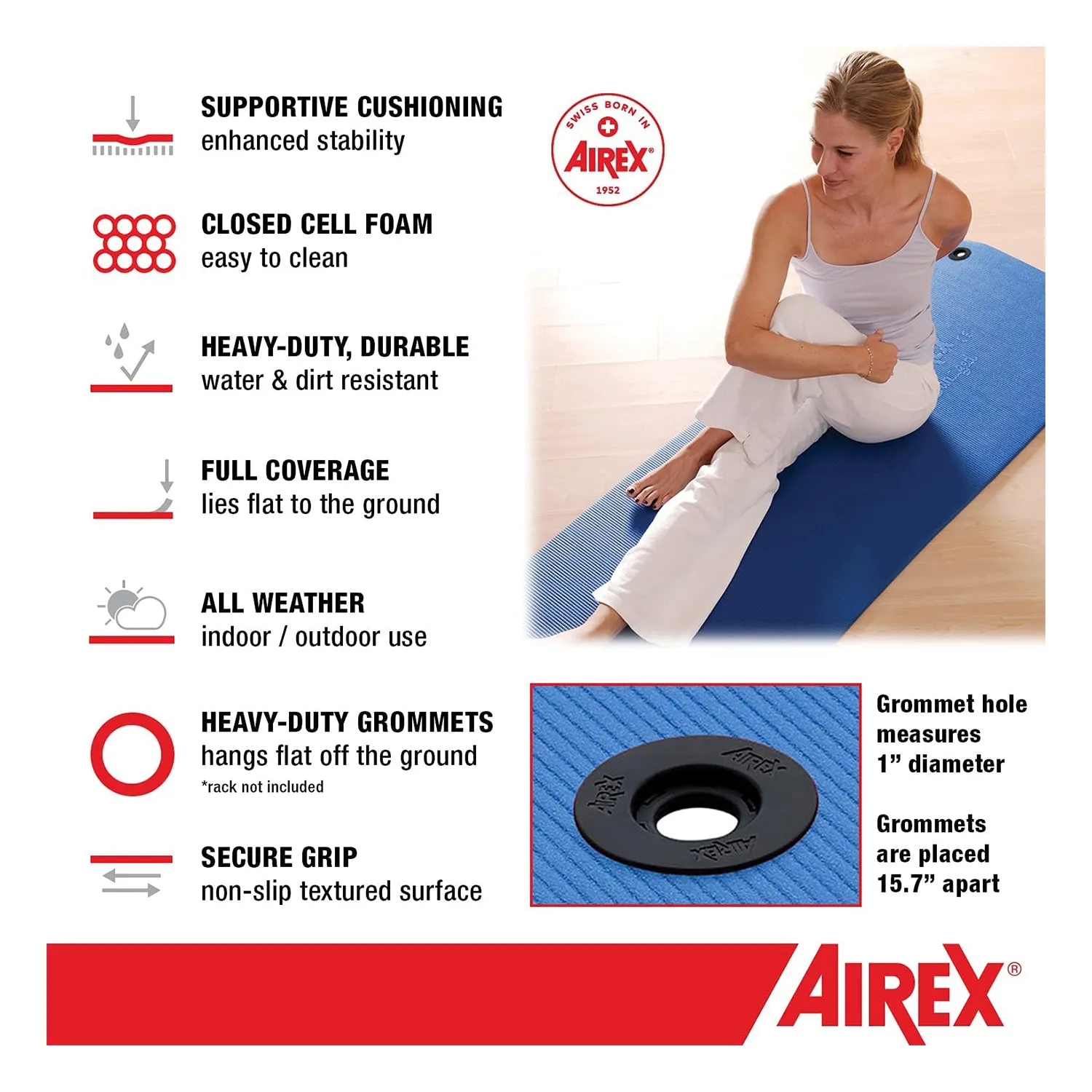 AIREX Fitline 180 Closed Cell Foam Fitness Mat w/ Grommets for Yoga & More, Lime