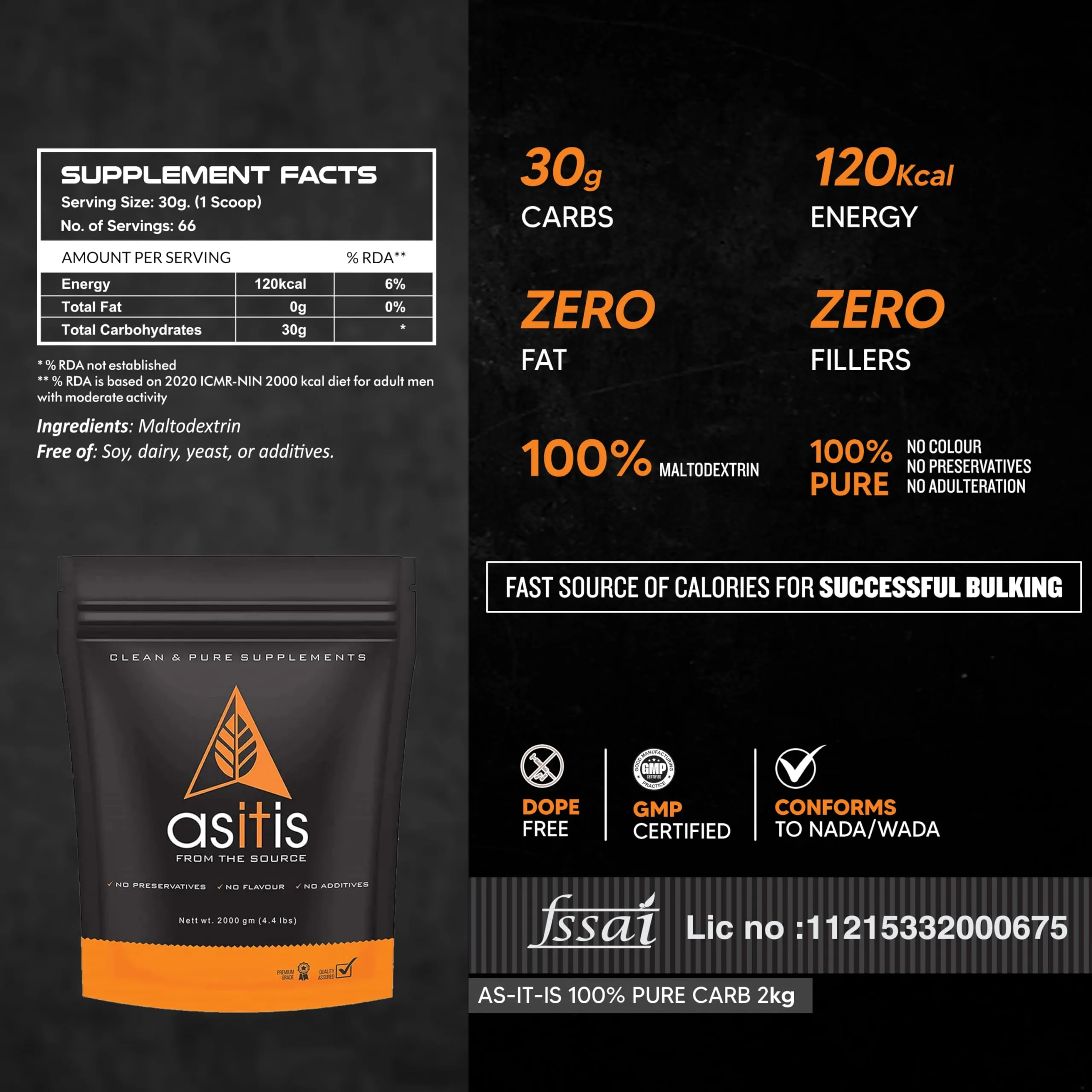 AS-IT-IS 100% Pure Carb | Carbohydrates for Weight Gain-2kg | Unflavoured | Lab Tested