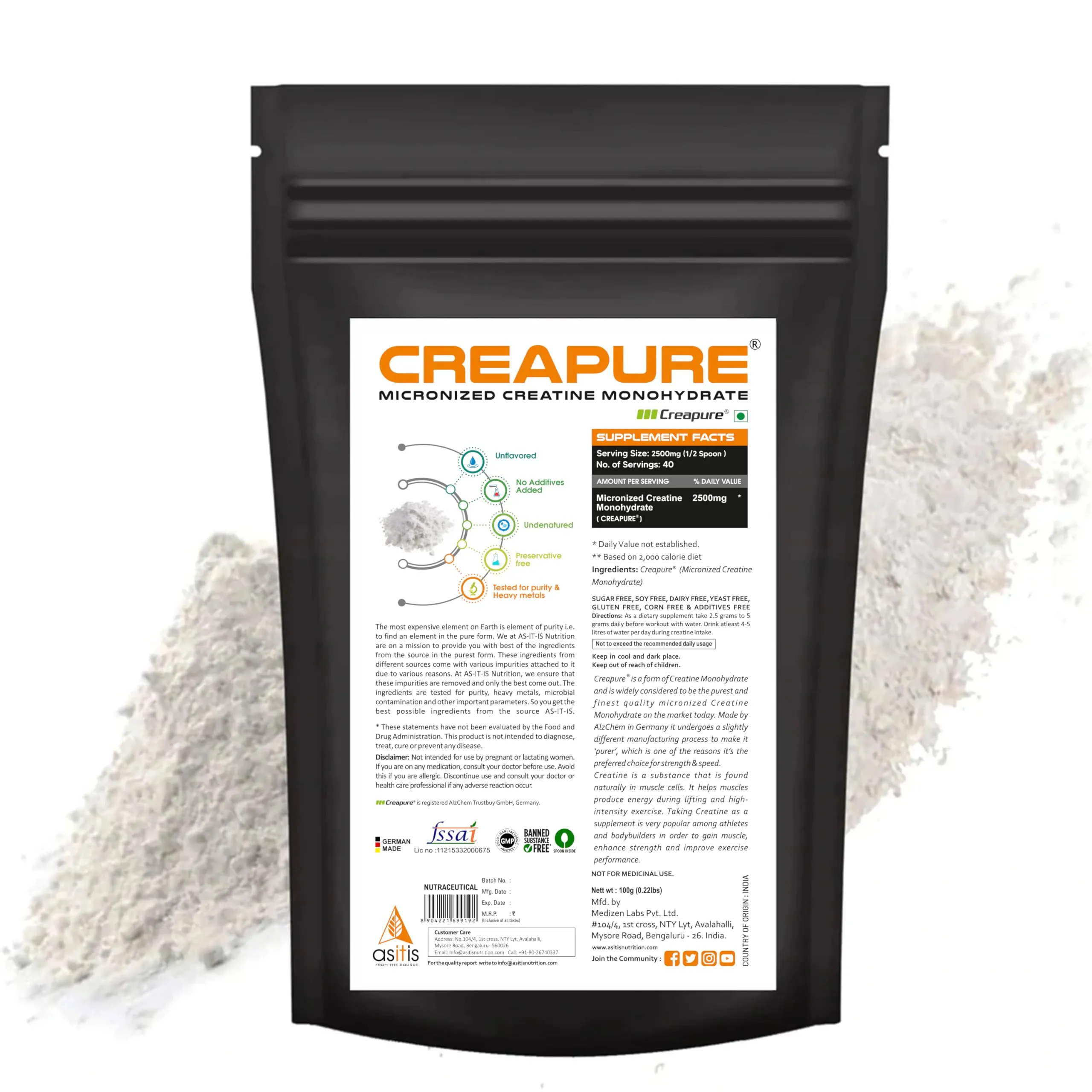 AS-IT-IS Nutrition 100% Creapure, Micronized Creatine Monohydrate Powder, Imported from Germany, Pure 2.5g Creatine with Rapid Dissolution & Absorption, Supports Performance & Recovery- Unflavored, Single Ingredient- 100g (40 servings)