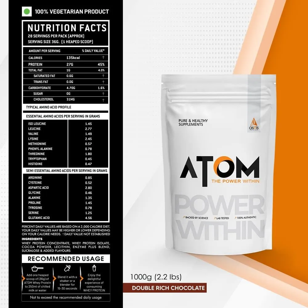 AS-IT-IS Nutrition ATOM Whey Protein 1kg | 27g protein | Isolate & Concentrate | Double Rich Chocolate | USA Labdoor Certified | With Digestive Enzymes for better absorption