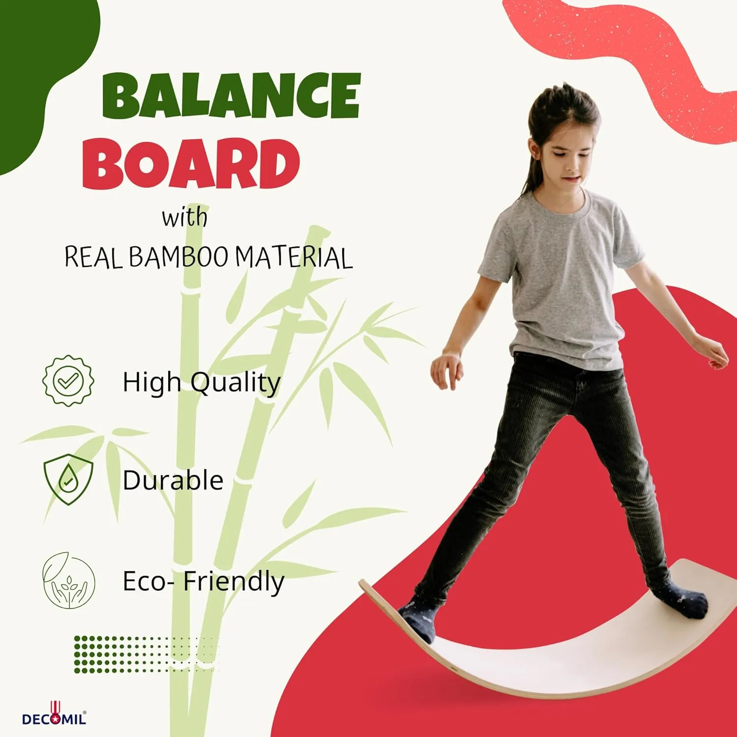 Balance Board for Kids - Natural Bamboo Wobble Board, Waldorf-Inspired Wooden Rocker for Yoga, Exercise, and Imaginative Play