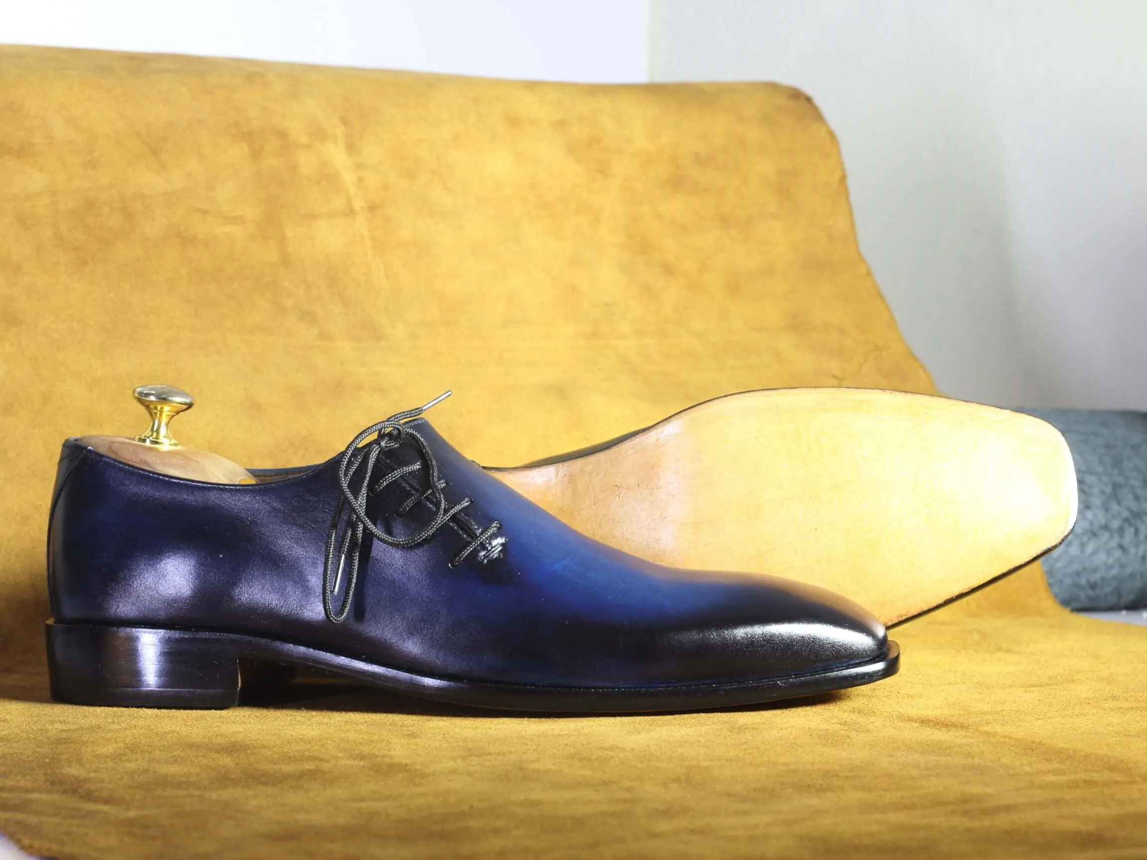 Bespoke Blue Whole Cut Side Lace UP Shoe for Men