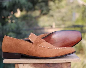 Bespoke Tan Penny Suede Loafer For Men's