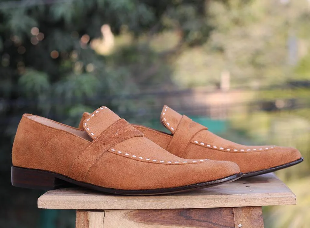 Bespoke Tan Penny Suede Loafer For Men's