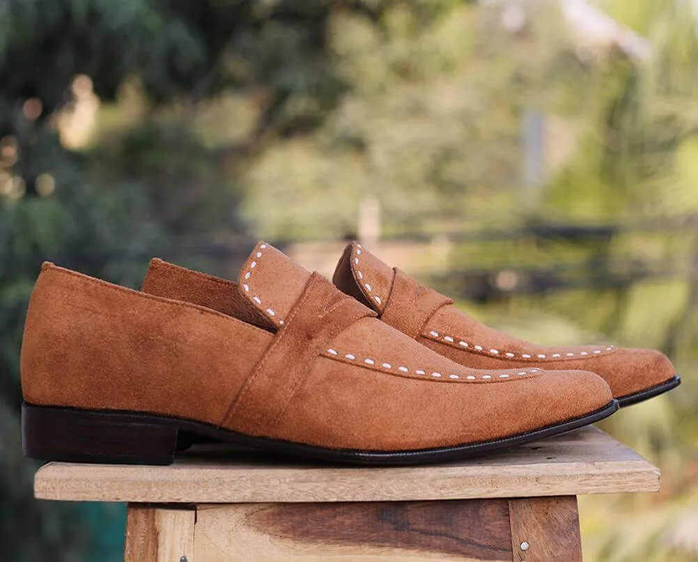 Bespoke Tan Penny Suede Loafer For Men's