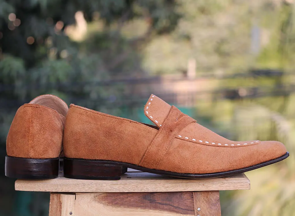 Bespoke Tan Penny Suede Loafer For Men's