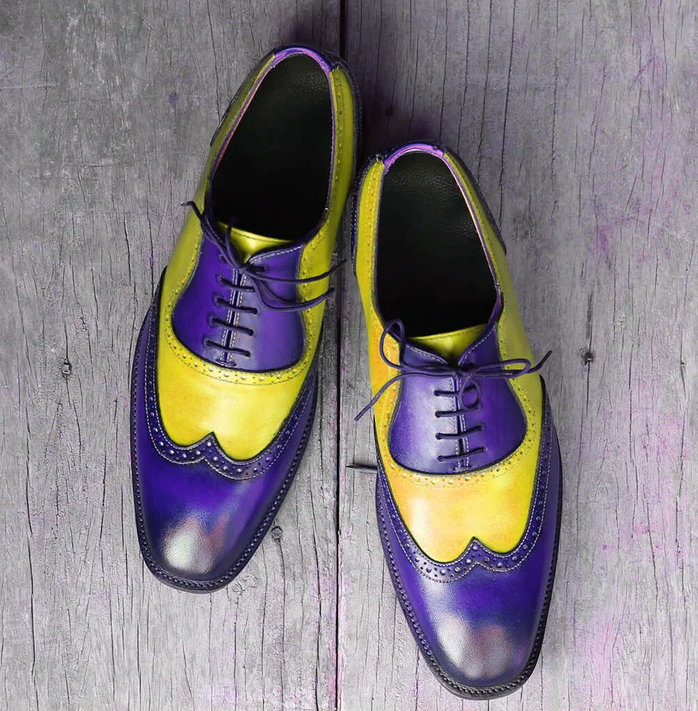 Bespoke Yellow & Blue Leather Wing Tip Lace Up Shoes for Men's