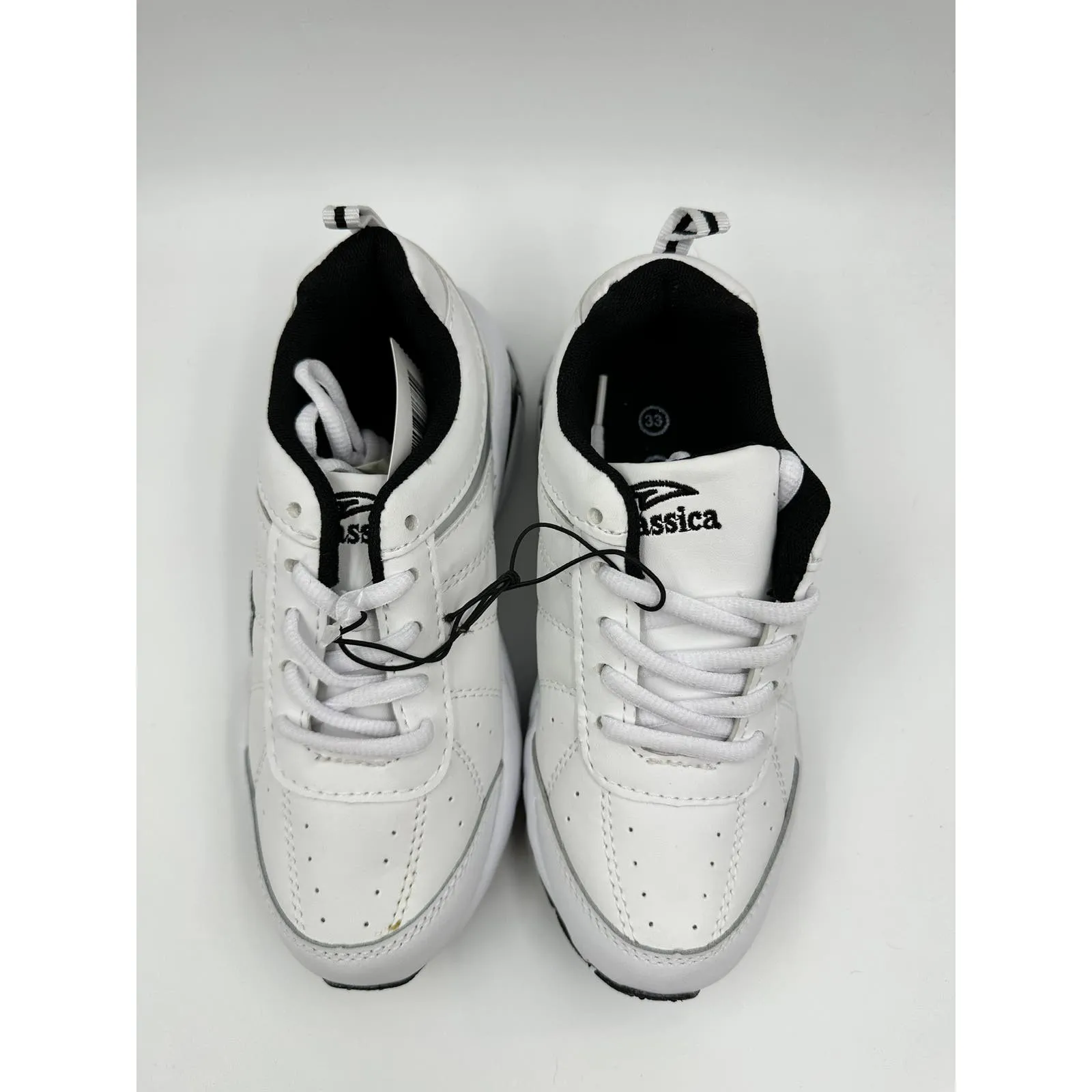 Big Kid Size 2, White Sneaker with Black Trim & Silver Accents