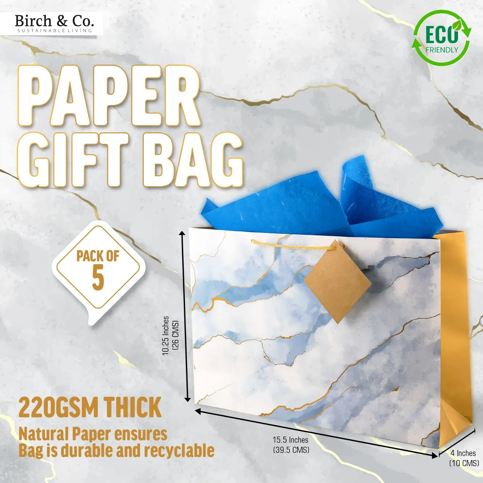 Birch & Co. Gift Bags - Paper Bags For Return Gifts - Large Carry Bags For Gifting - Large Paper Bags -Goodie Bags With Tissue And Thank You Card - Gift Covers - Pack Of 5, Marble, Blue