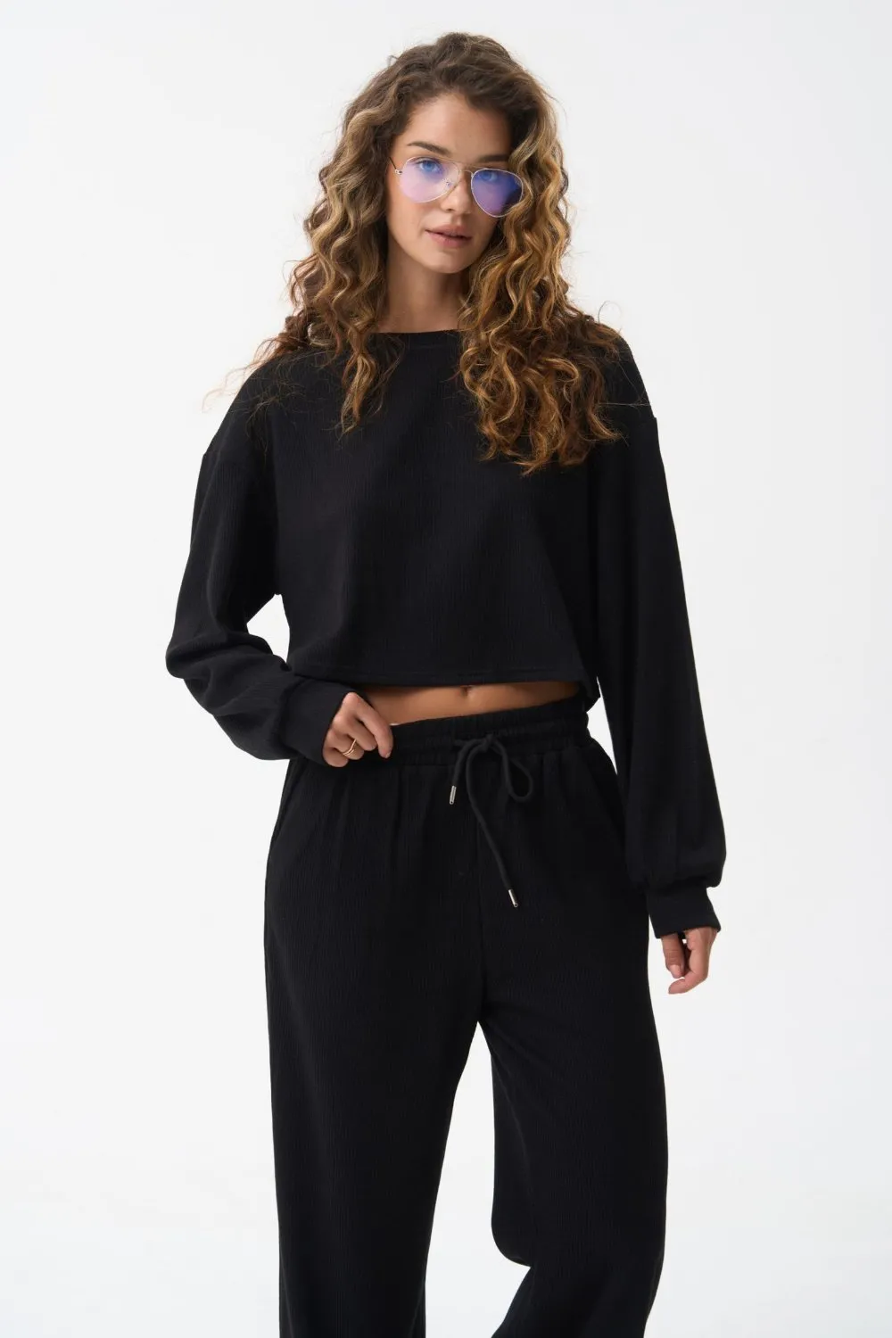 Black Cropped Sports Sweatshirt