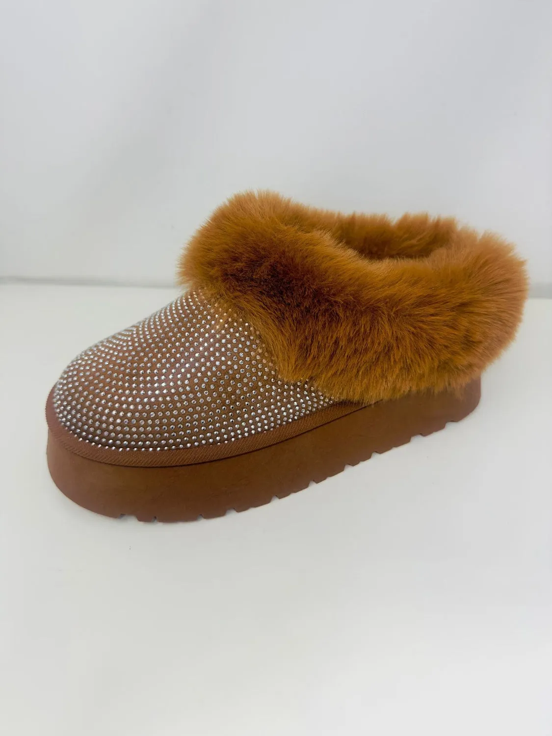 BROWN WILD DIVA Embellished Faux Fur Platform Booties