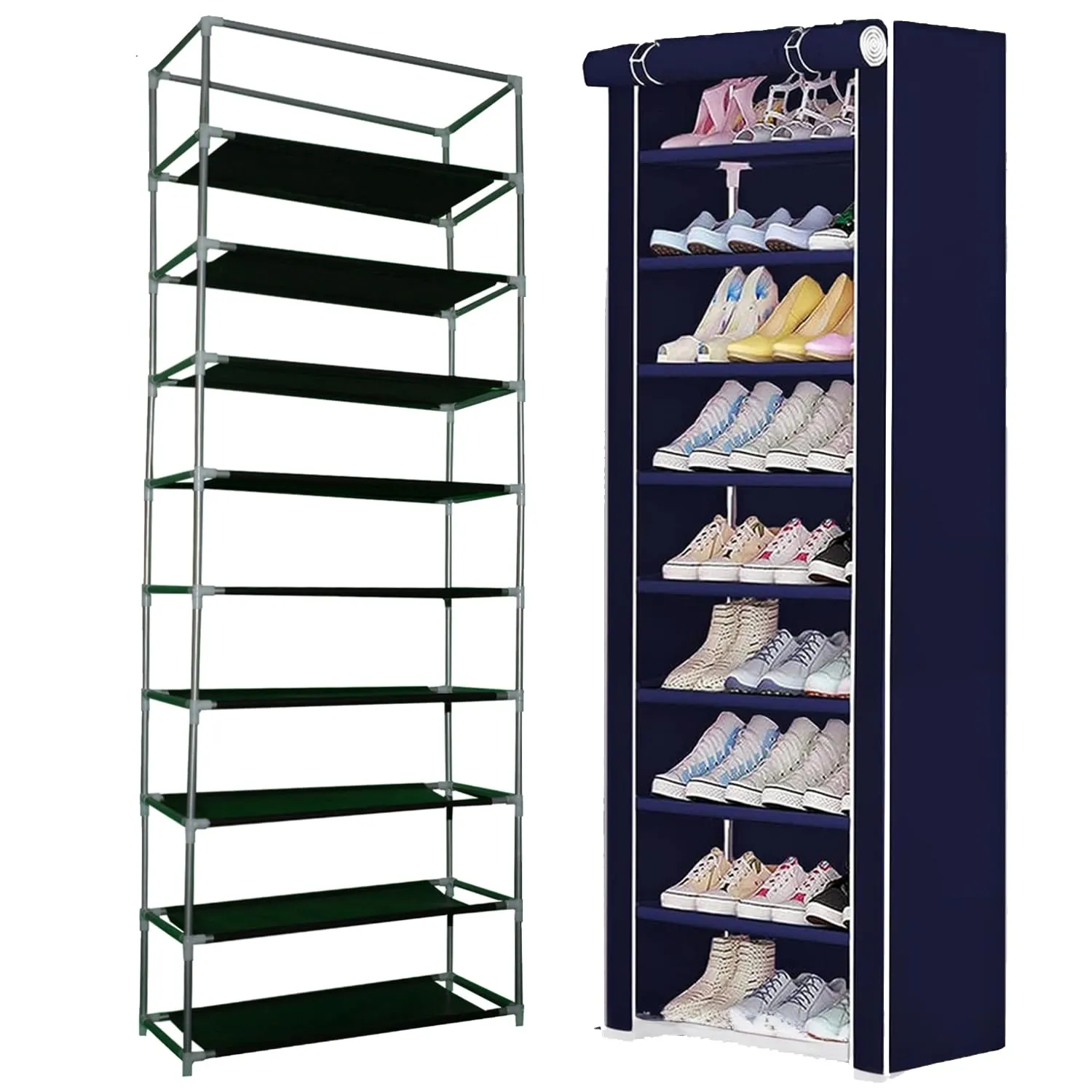 DEMARK Multipurpose| 9 Layer Shoe Rack For Home Improvement Furniture With Dustproof Cover| Chappal Stand| Clothes Storage Wadrobe| (Blue)