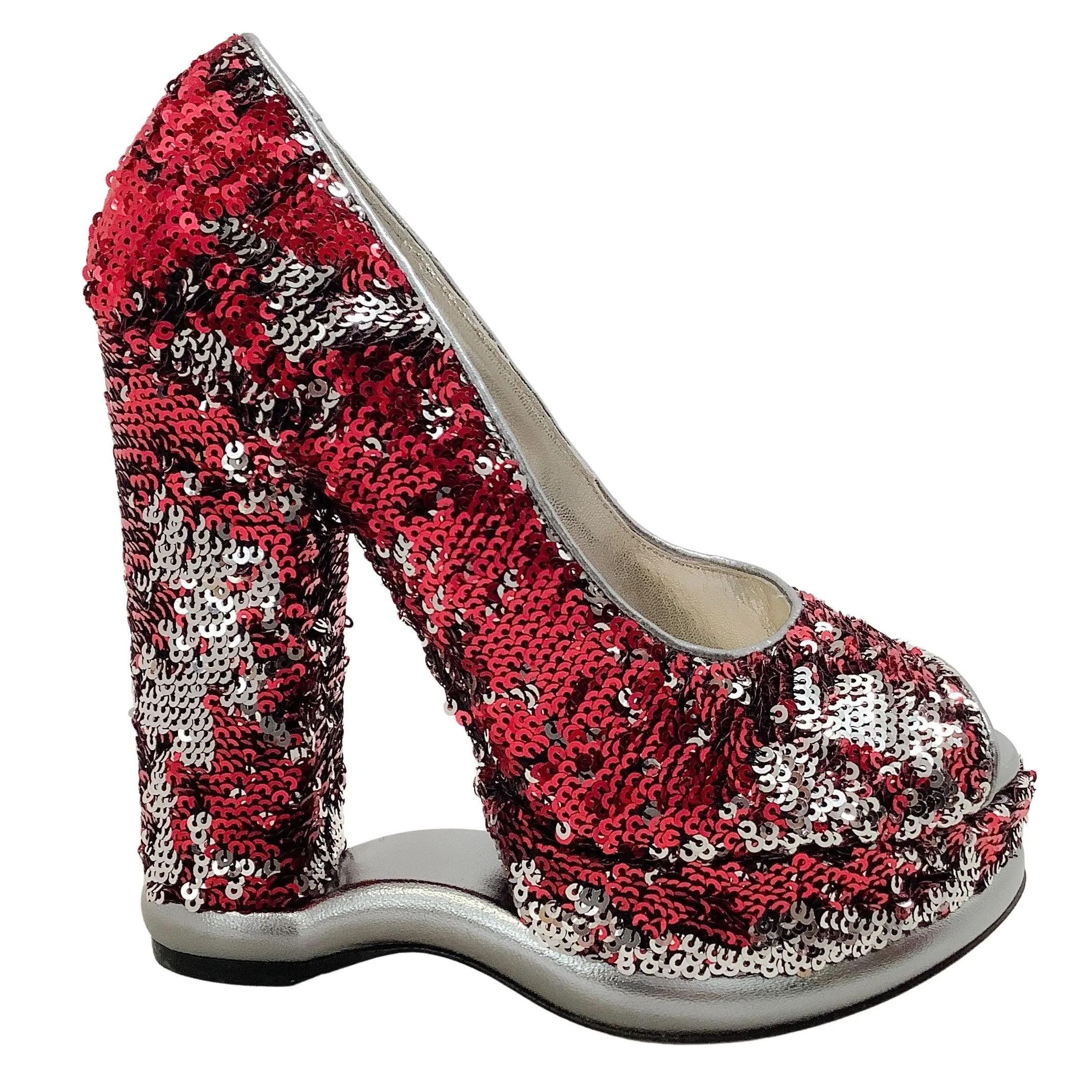 Dolce & Gabbana Red / Silver Sequined Peep Toe Platform Pumps