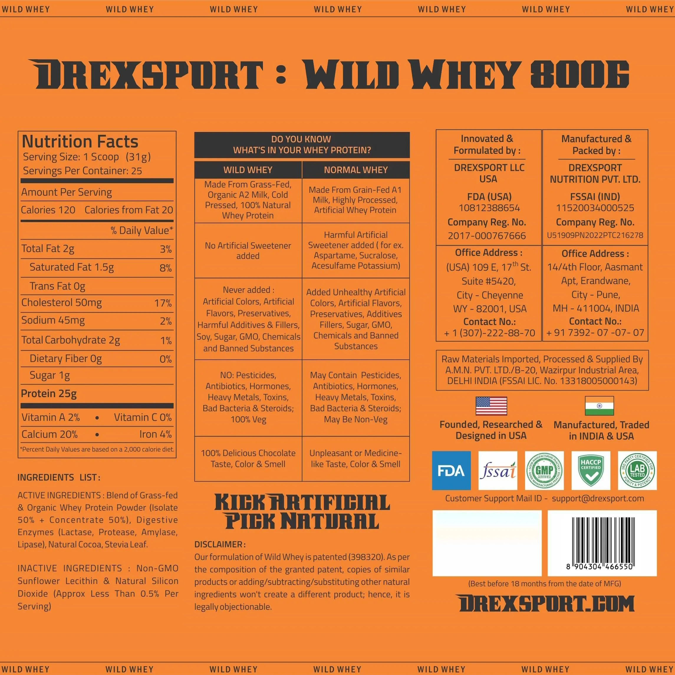 DREXSPORT Wild Whey Protein Powder for Men and Women, Organic Whey Protein Isolate Blend Based on Grass-fed Cow’s Whole A2 Milk (Patented) 800G