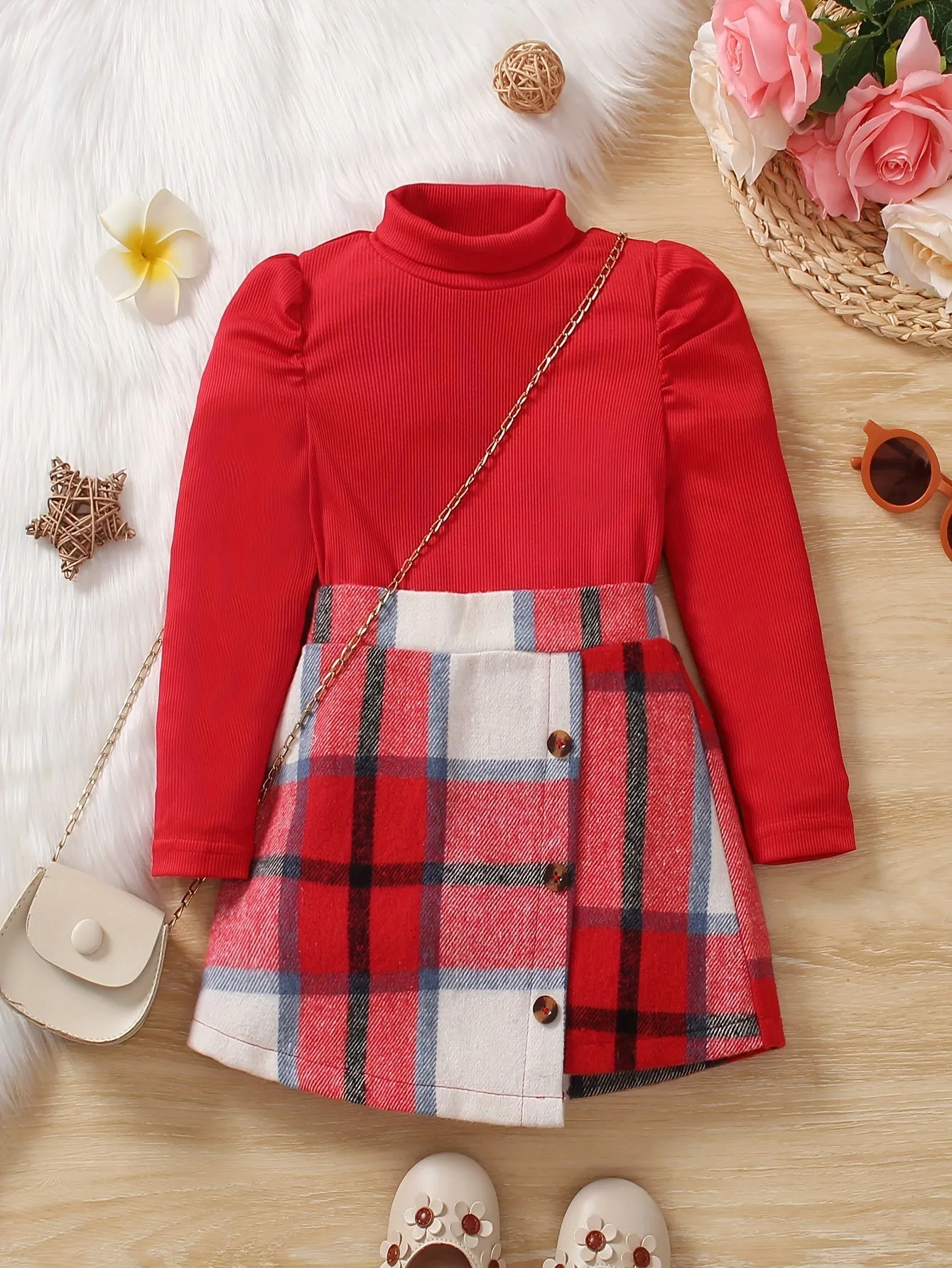 Elegant Girls' 2-piece Outfits, Puff Sleeve Knit Pullover & Plaid Skirt, Comfy Sets Kids Clothes For Fall Winter Christmas Outdoors