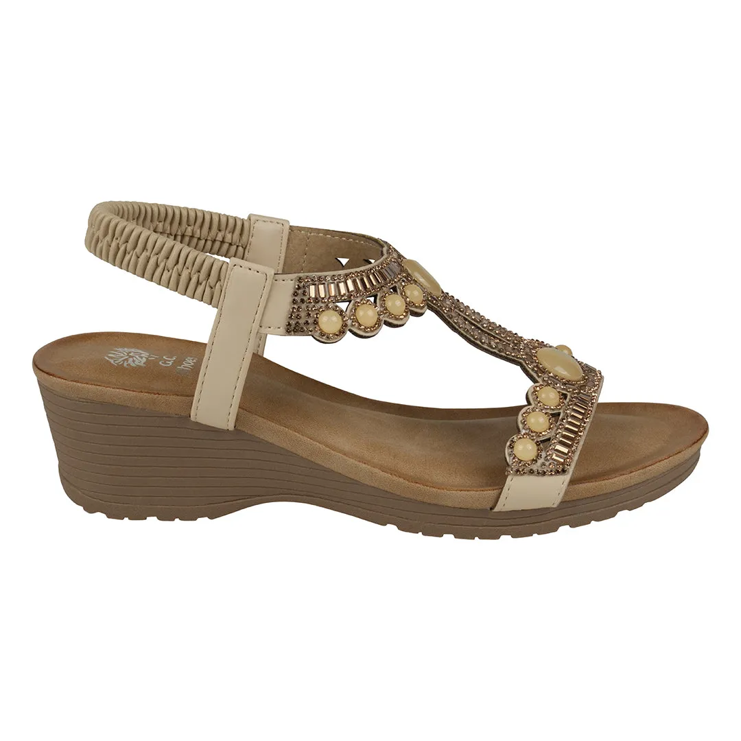 Fiah Natural Jeweled Slingback Wedge Sandals