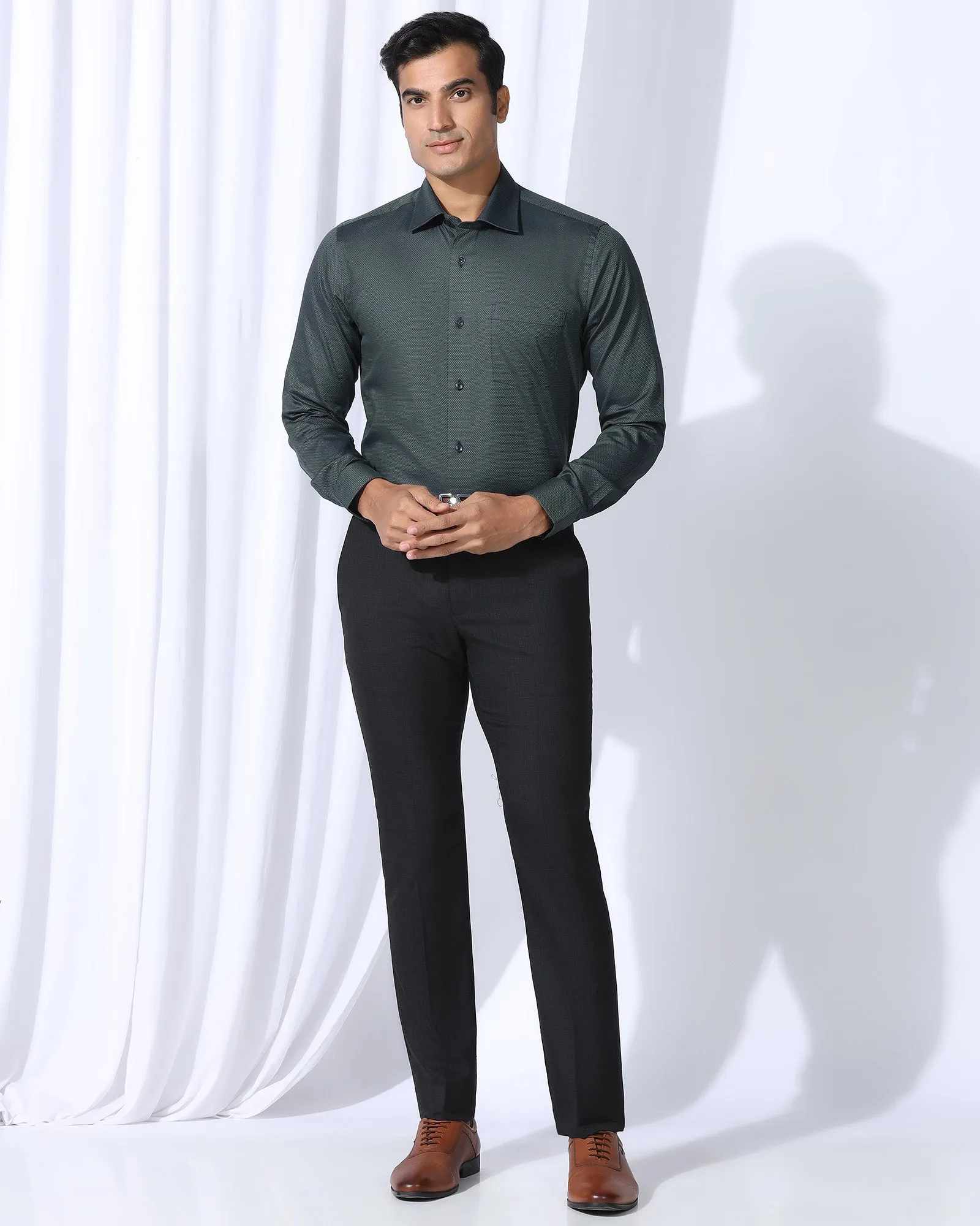 Formal Bottle Green Textured Shirt - Punch