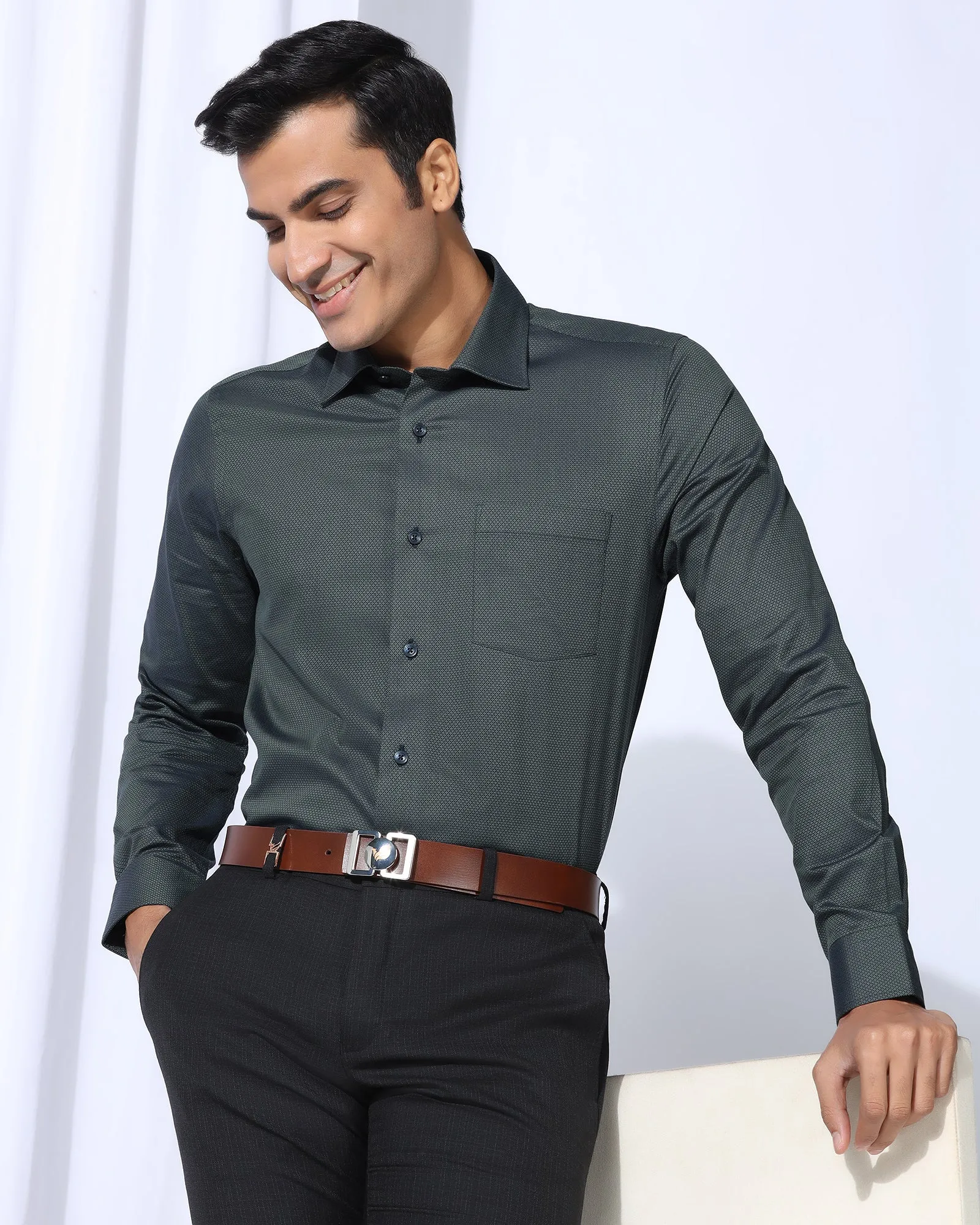 Formal Bottle Green Textured Shirt - Punch