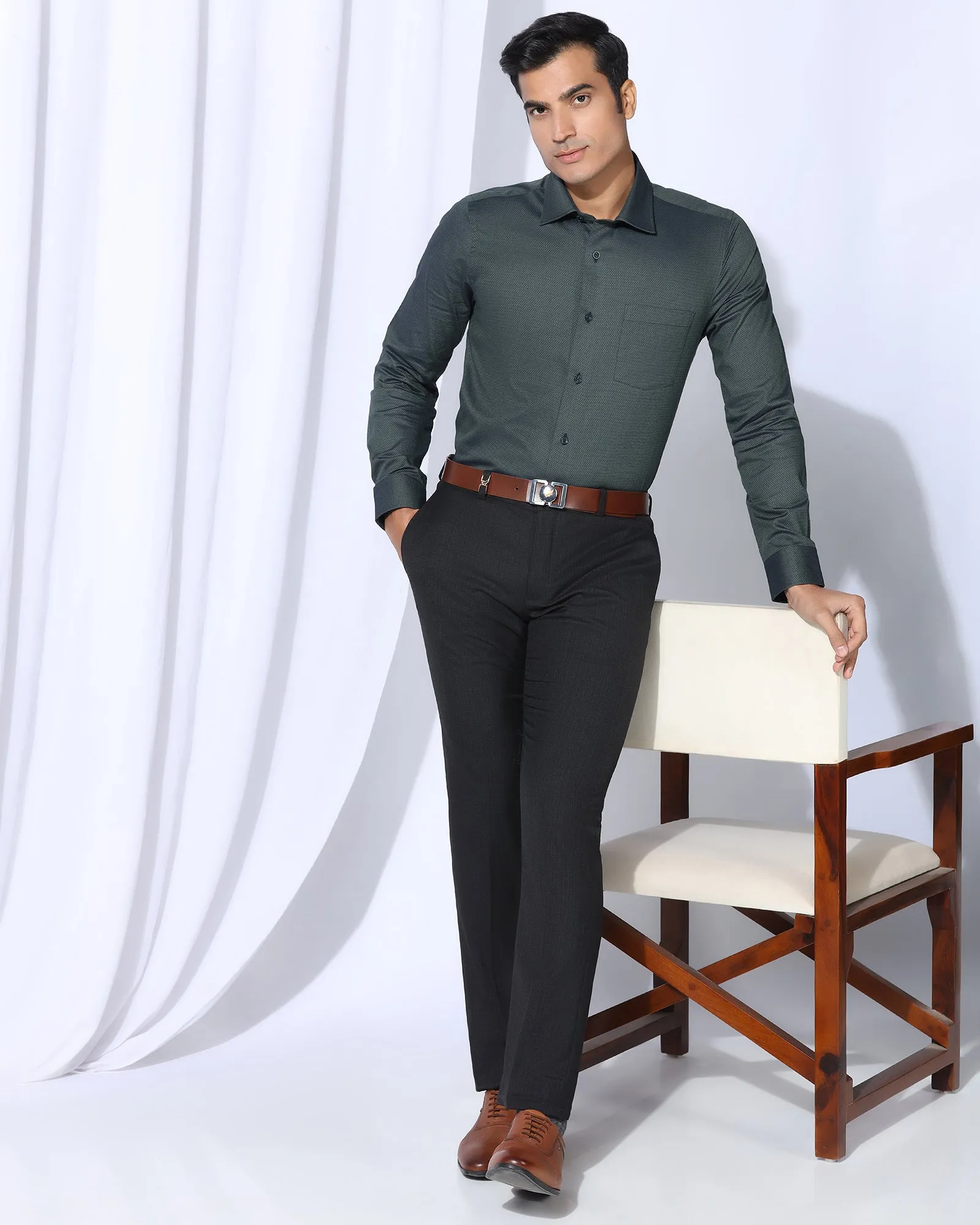 Formal Bottle Green Textured Shirt - Punch