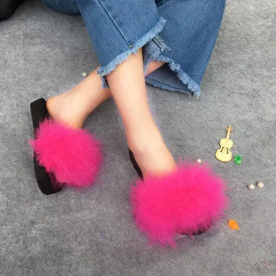 Fur Flip Flops Women Ostrich Home Slippers Female Sweet Wedges Sandals Beach Shoes Summer Pantufa Platform Fashion Chinelo Hot