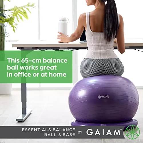 Gaiam Essentials Balance Ball & Base Kit, 65cm Yoga Ball Chair, Exercise Ball with Inflatable Ring Base for Home or Office Desk, Includes Air Pump - Grey