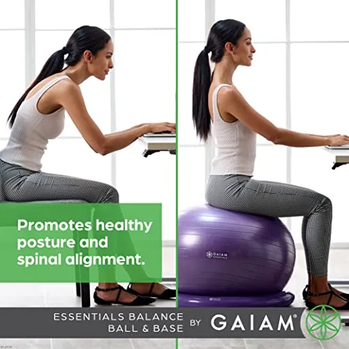 Gaiam Essentials Balance Ball & Base Kit, 65cm Yoga Ball Chair, Exercise Ball with Inflatable Ring Base for Home or Office Desk, Includes Air Pump - Grey