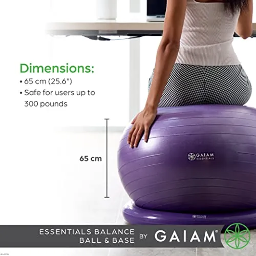 Gaiam Essentials Balance Ball & Base Kit, 65cm Yoga Ball Chair, Exercise Ball with Inflatable Ring Base for Home or Office Desk, Includes Air Pump - Grey