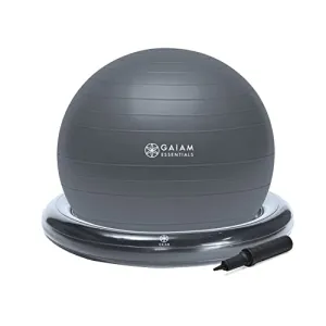 Gaiam Essentials Balance Ball & Base Kit, 65cm Yoga Ball Chair, Exercise Ball with Inflatable Ring Base for Home or Office Desk, Includes Air Pump - Grey