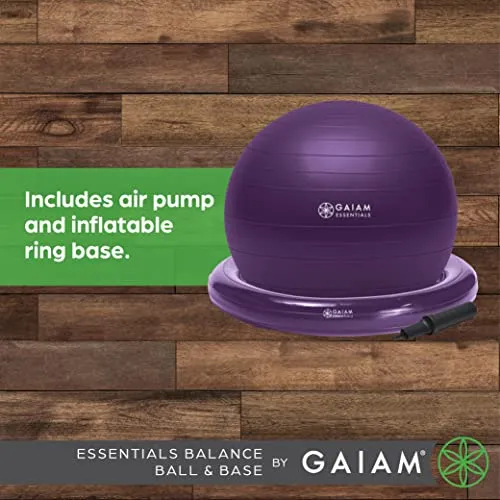 Gaiam Essentials Balance Ball & Base Kit, 65cm Yoga Ball Chair, Exercise Ball with Inflatable Ring Base for Home or Office Desk, Includes Air Pump - Grey