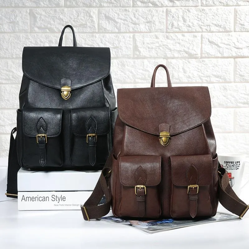 Genuine Leather Women's Solid Pattern Zipper Closure Travel Bag Backpack