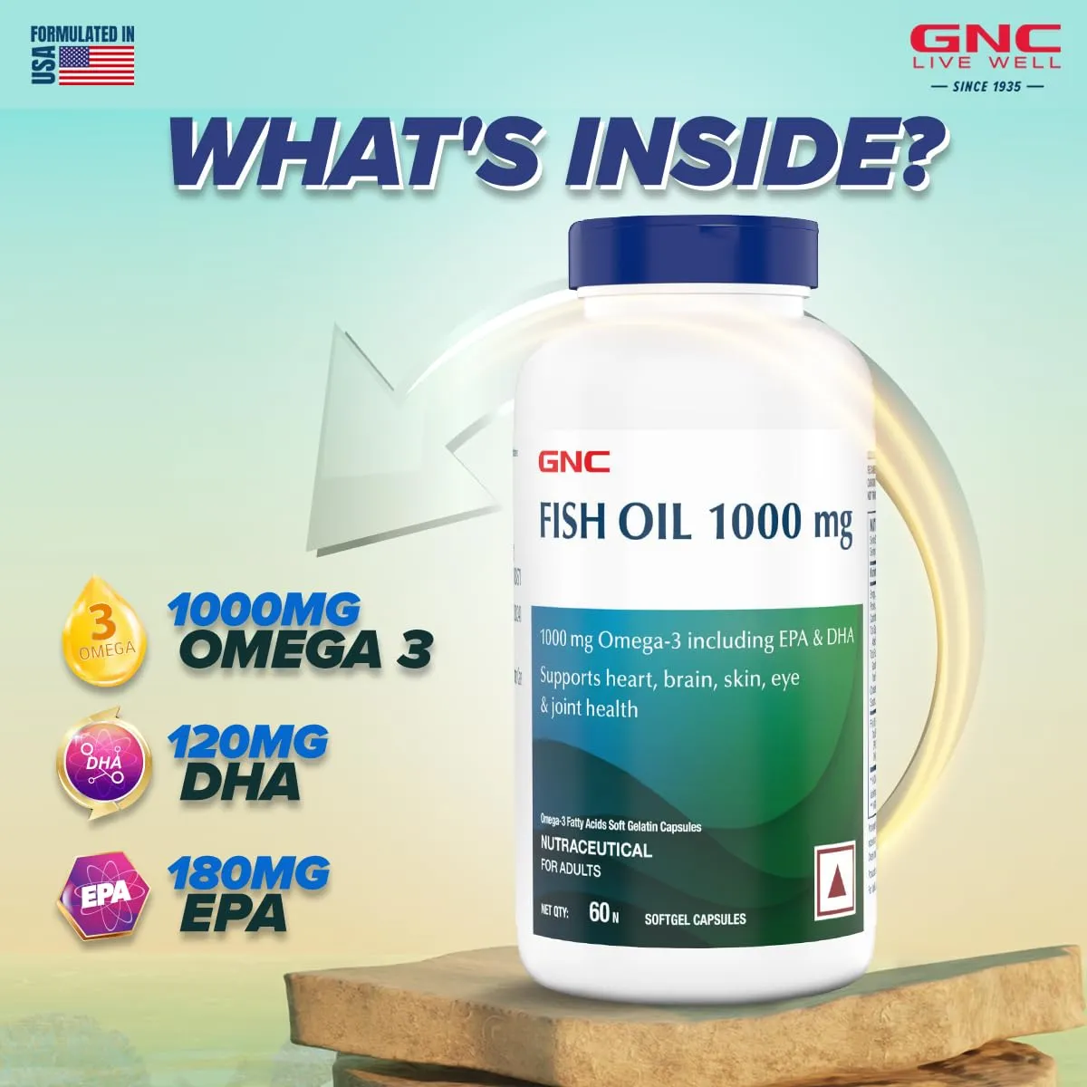 GNC 1000 Mg Omega 3 Fish Oil for Men & Women | 60 Softgels | Omega 3 with 180 mg EPA & 120 mg DHA | Promotes Joint Health | Improves Focus & Memory | Protects Vision | Supports Healthy Cholesterol