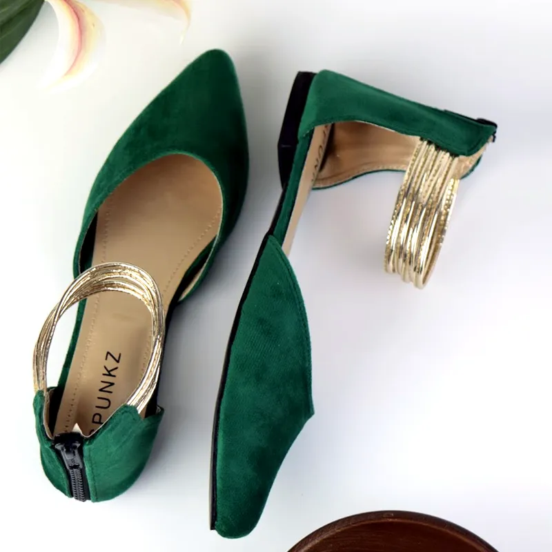 Gold Ankle-Strap Pointed Toe Velvet Flats Pump Shoes