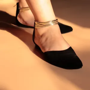 Gold Ankle-Strap Pointed Toe Velvet Flats Pump Shoes