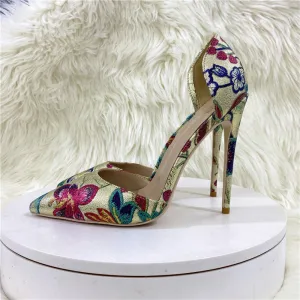 Gold Floral Print Pointed Toe Thin Heel Pumps