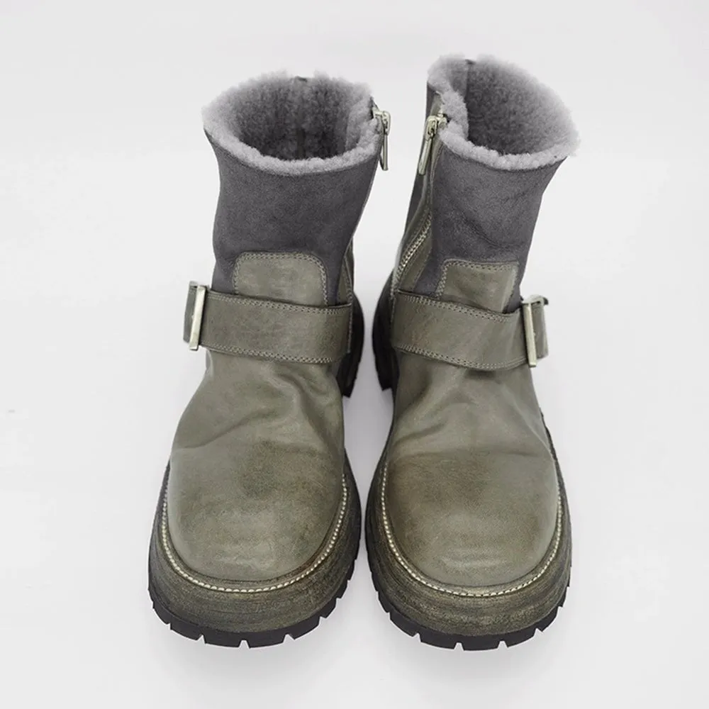 Hand Stitching Horse Leather Combat Boots Warm Short Boots For Women In Coffee/Gray