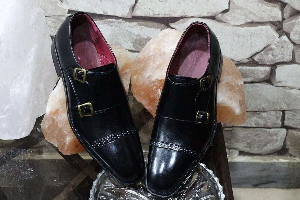 Handmade Black Leather Monk Men's Cap Toe Shoe