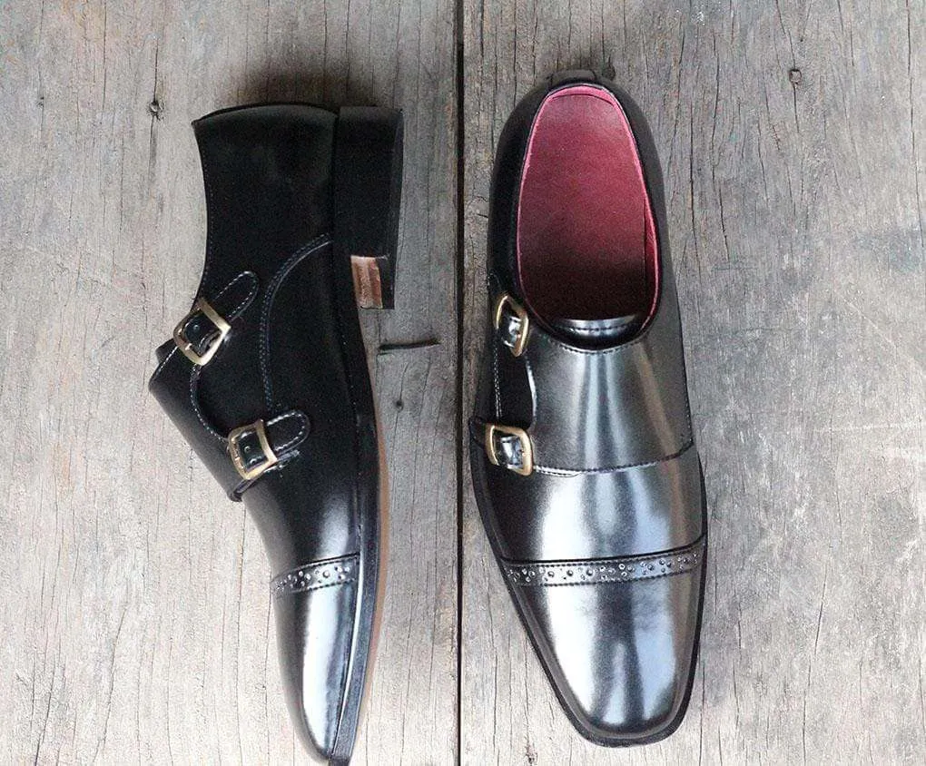 Handmade Black Leather Monk Men's Cap Toe Shoe