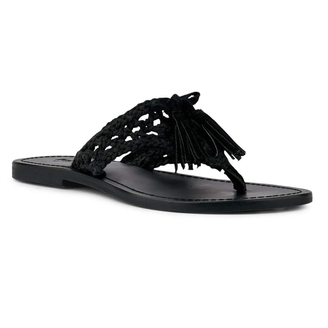 Handwoven Natural Black Tassel Thong Flats